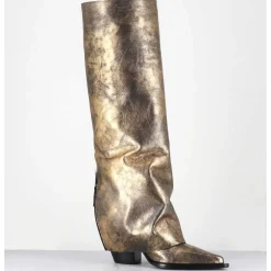 Bottes Santiag A Guetre En Cuir Dore Patine Noir - E3868 Mister Oro