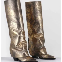 Bottes Santiag A Guetre En Cuir Dore Patine Noir - E3868 Mister Oro