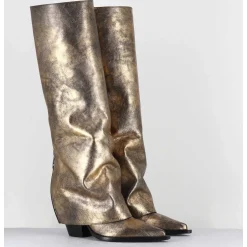 Bottes Santiag A Guetre En Cuir Dore Patine Noir - E3868 Mister Oro