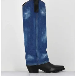 Bottes Santiags Cuir Noir & Guetre En Jean - Zella Jeans Vitello