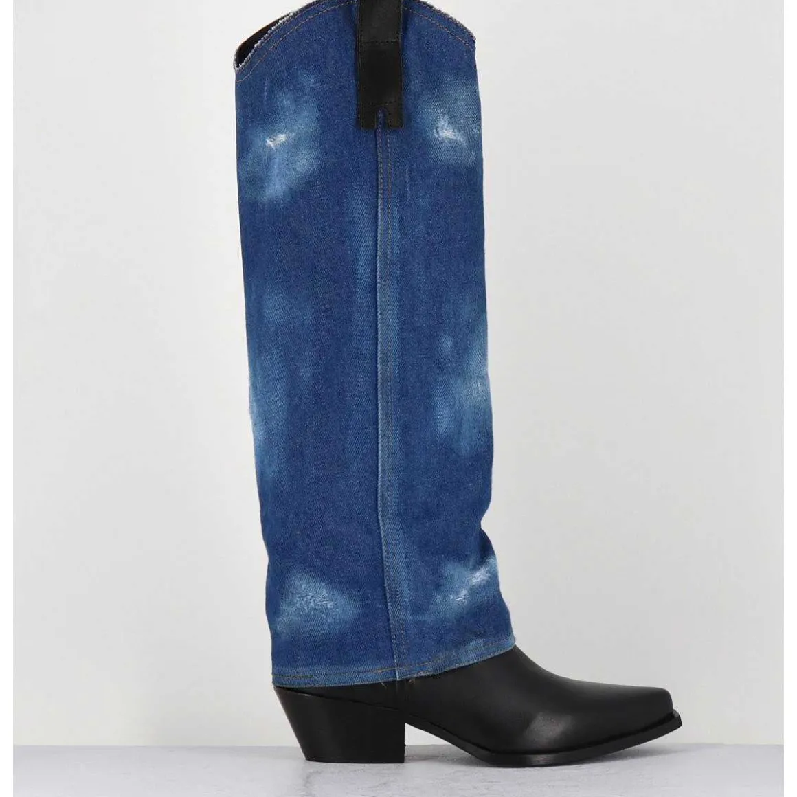 Bottes Santiags Cuir Noir & Guetre En Jean - Zella Jeans Vitello