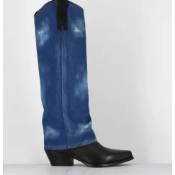 Bottes Santiags Cuir Noir & Guetre En Jean - Zella Jeans Vitello