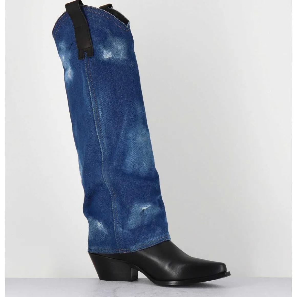 Bottes Santiags Cuir Noir & Guetre En Jean - Zella Jeans Vitello