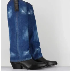 Bottes Santiags Cuir Noir & Guetre En Jean - Zella Jeans Vitello
