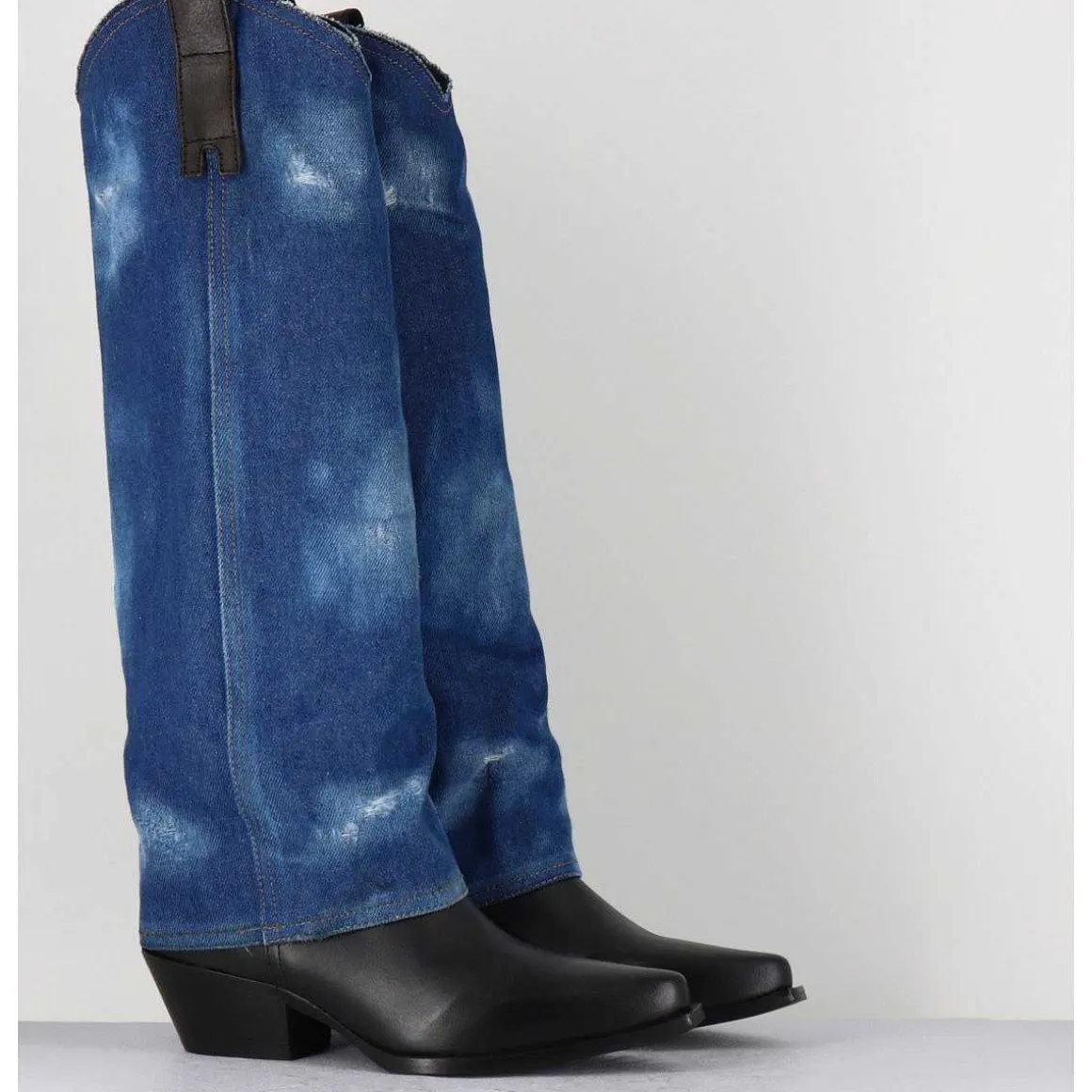 Bottes Santiags Cuir Noir & Guetre En Jean - Zella Jeans Vitello