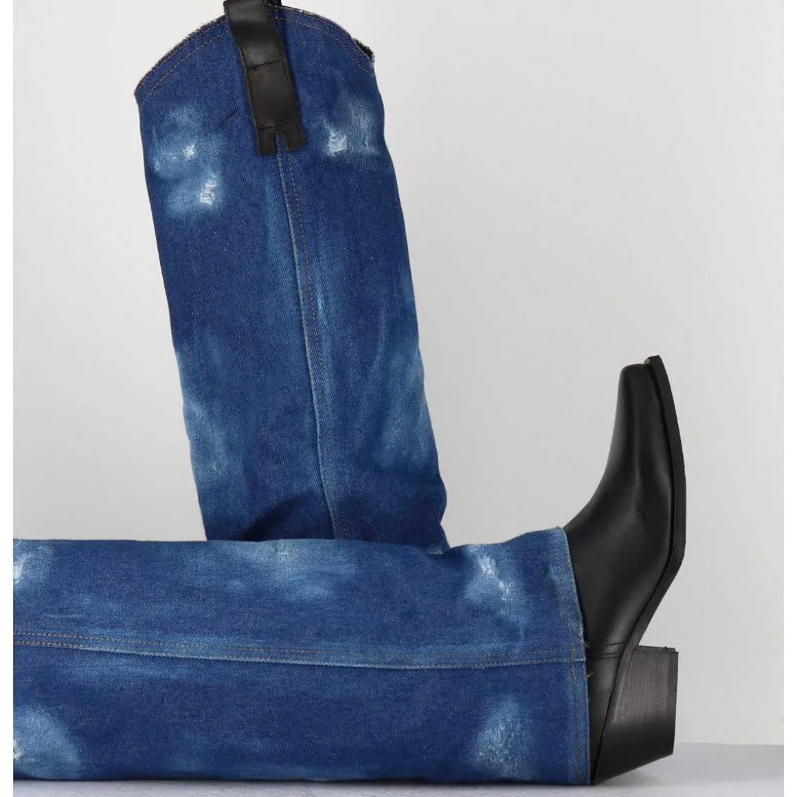 Bottes Santiags Cuir Noir & Guetre En Jean - Zella Jeans Vitello