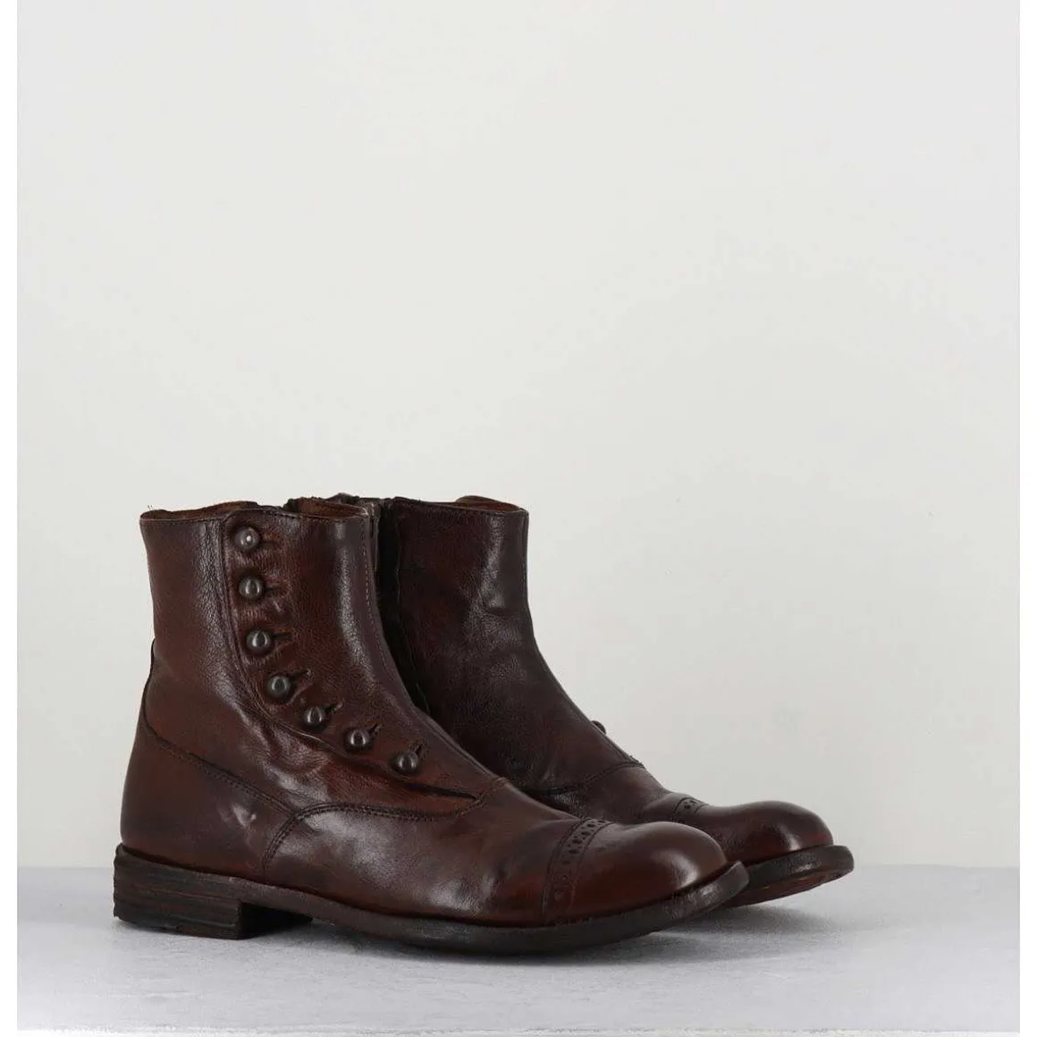 Bottines En Cuir Marron A Boutons - Lexikon095 Tabacco