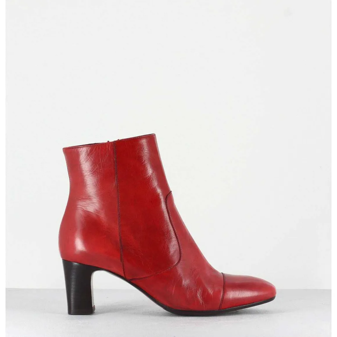 Bottines Petit Talons En Cuir Rouge F568 - Garrice Lab