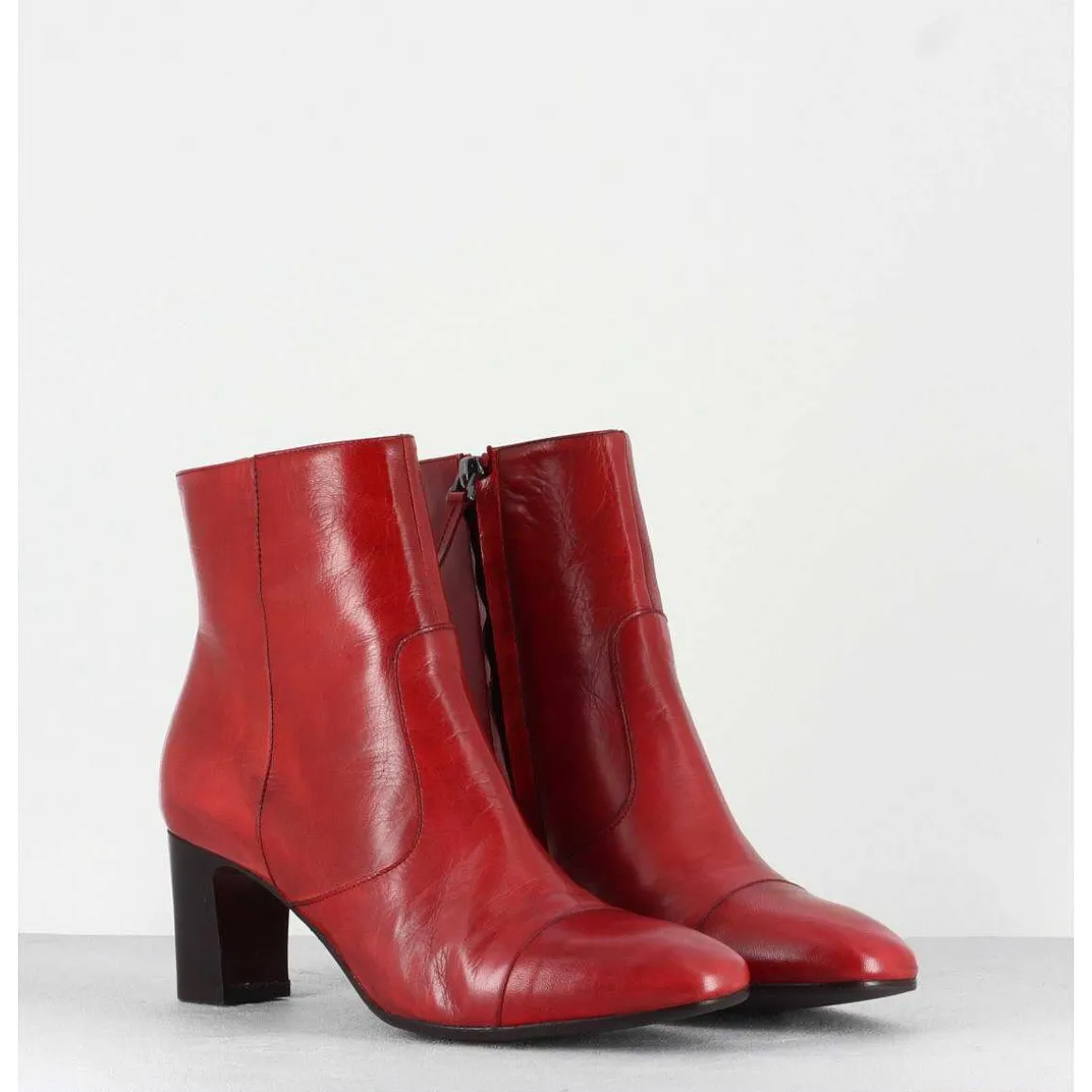 Bottines Petit Talons En Cuir Rouge F568 - Garrice Lab
