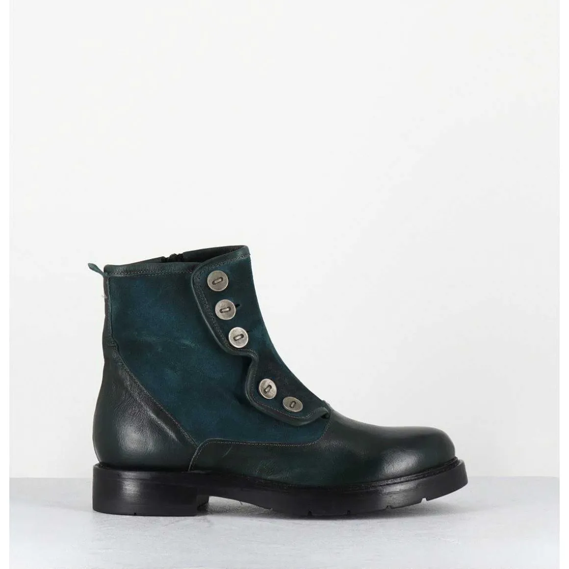 Bottines Plates A Boutons En Cuir Vert & Bleu - Laco Carly Petrolio