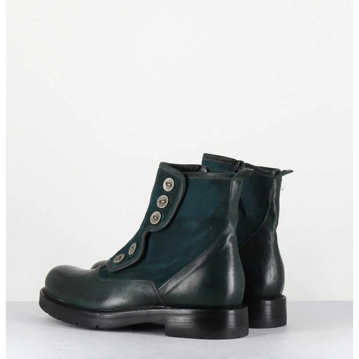 Bottines Plates A Boutons En Cuir Vert & Bleu - Laco Carly Petrolio