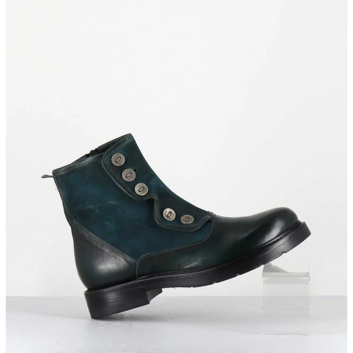 Bottines Plates A Boutons En Cuir Vert & Bleu - Laco Carly Petrolio