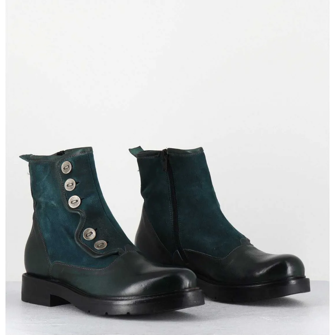 Bottines Plates A Boutons En Cuir Vert & Bleu - Laco Carly Petrolio