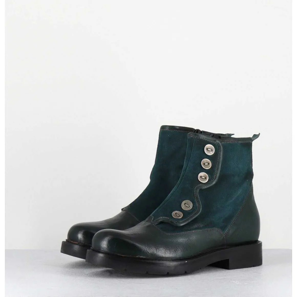 Bottines Plates A Boutons En Cuir Vert & Bleu - Laco Carly Petrolio