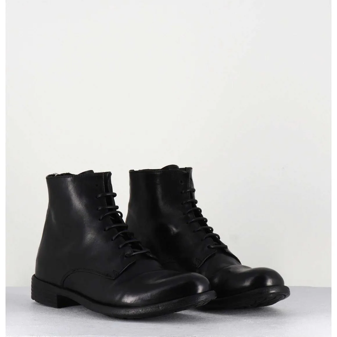 Bottines Plates A Lacets En Cuir Noir - Mars007 Nero