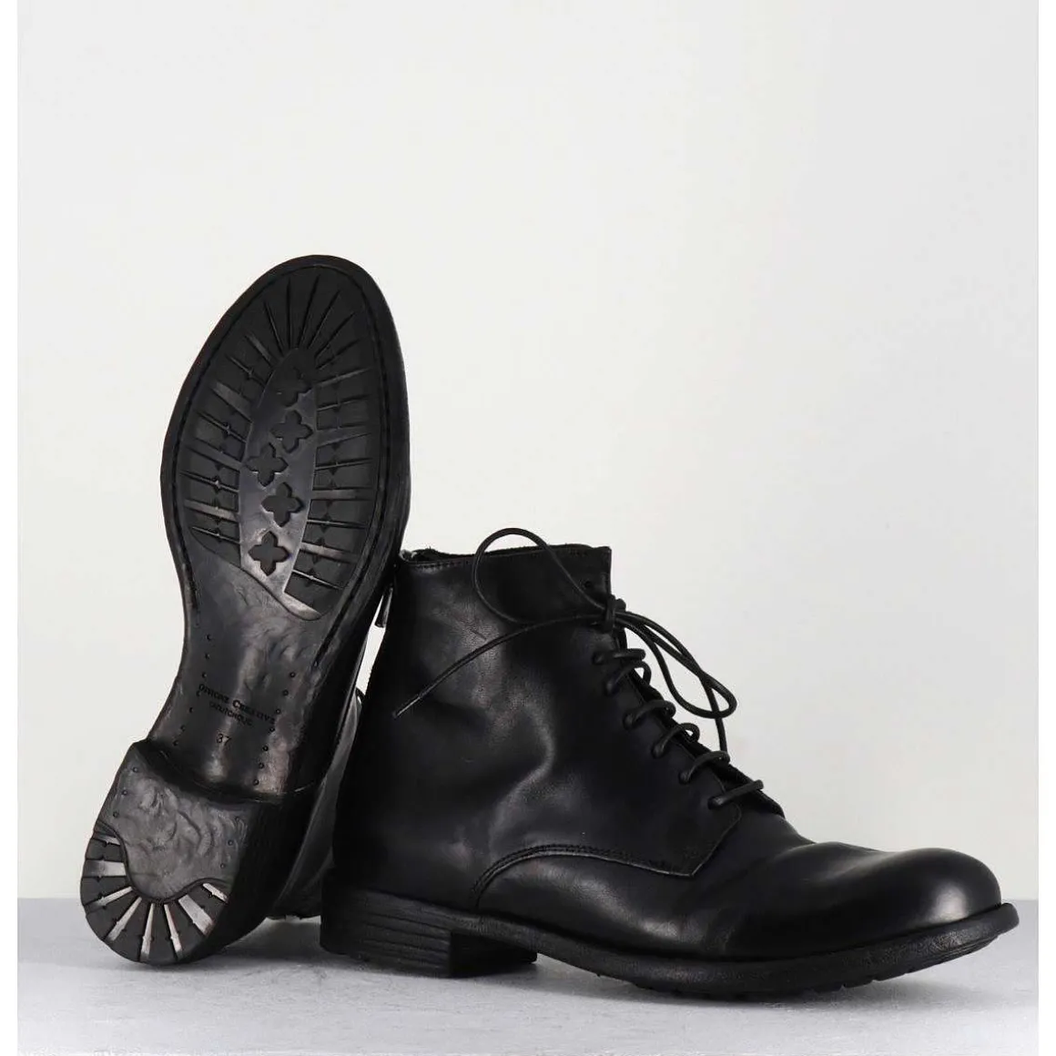 Bottines Plates A Lacets En Cuir Noir - Mars007 Nero