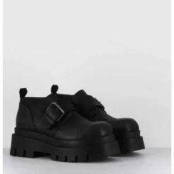 Chaussures A Boucle Reglable En Cuir Noir Semelle Epaisse - 4005 Gas Nero