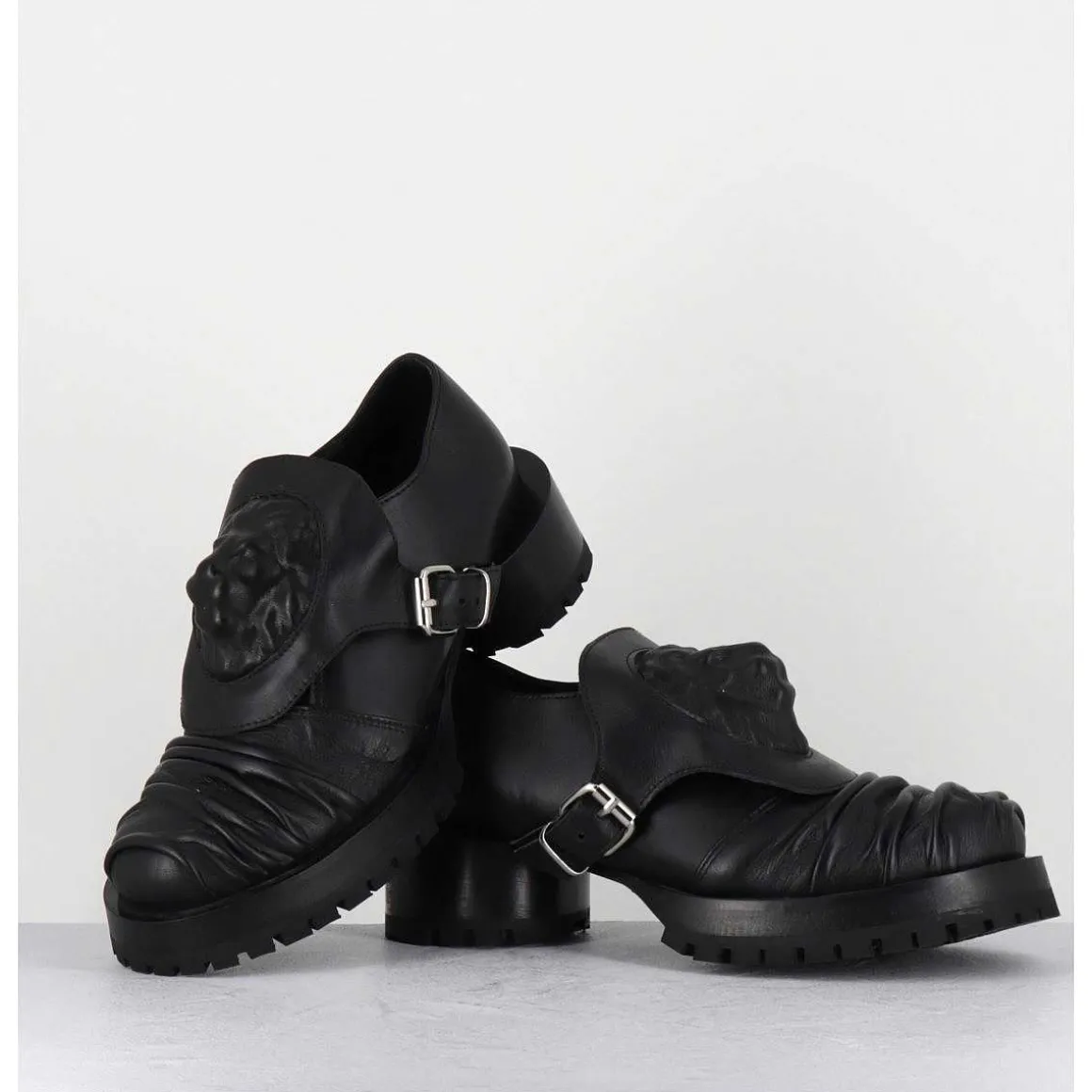 Chaussures En Cuir A Tete De Lion & Talon Cylindrique - Lion Nappa Nero