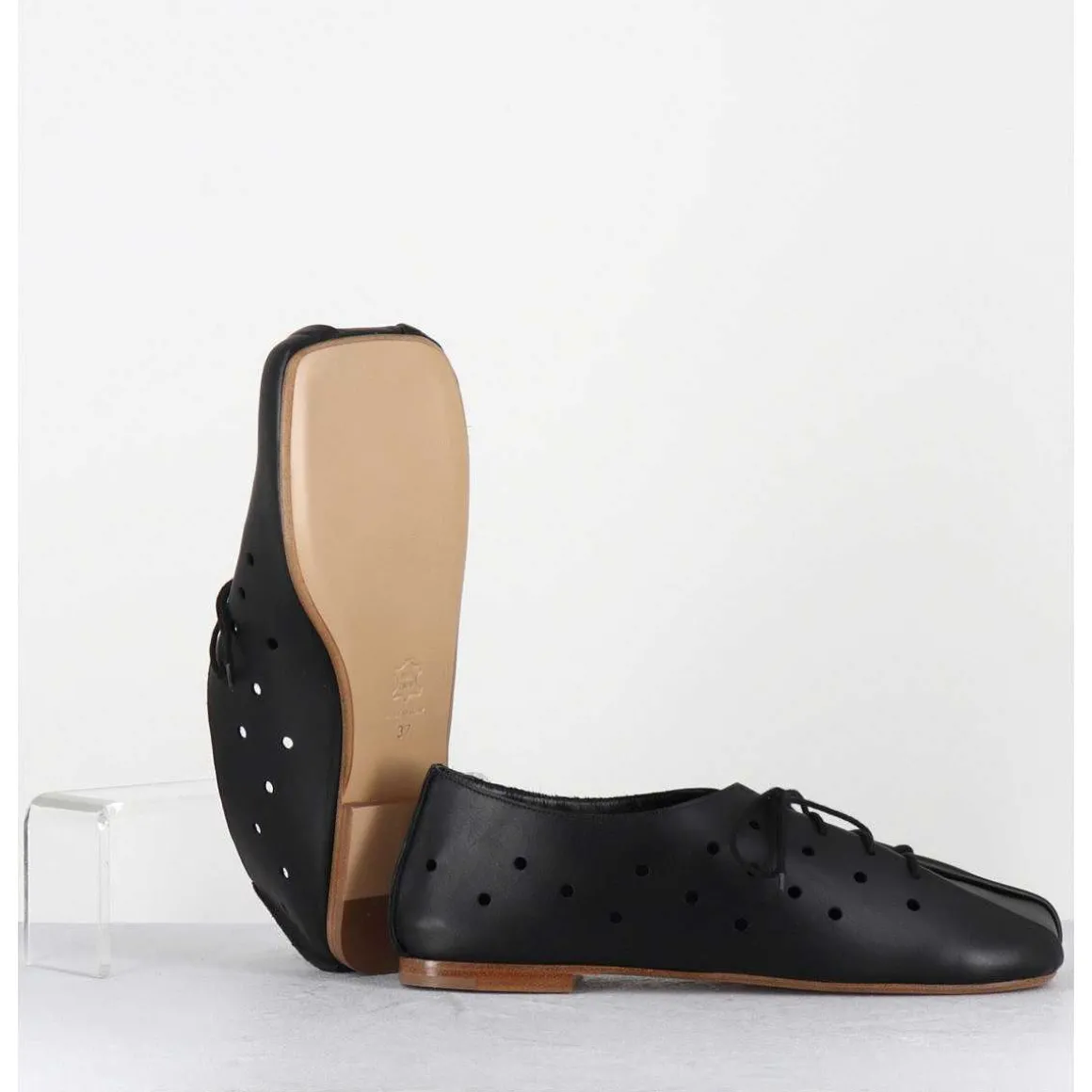 Chaussures Minimalistes A Lacets En Cuir Noir Perfore - Ab4651 Nappato Nero