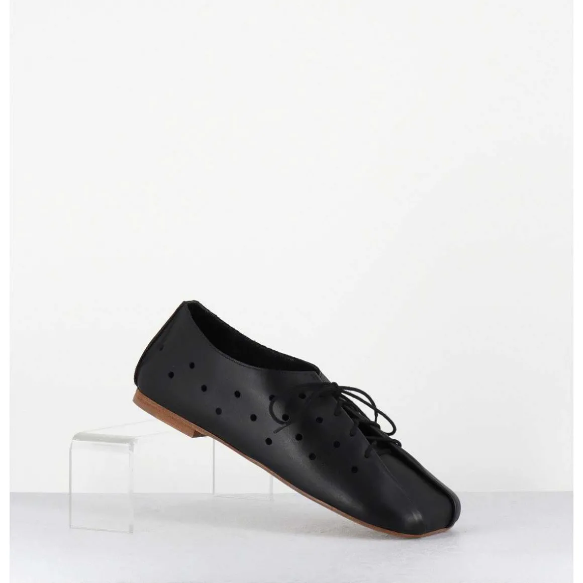 Chaussures Minimalistes A Lacets En Cuir Noir Perfore - Ab4651 Nappato Nero