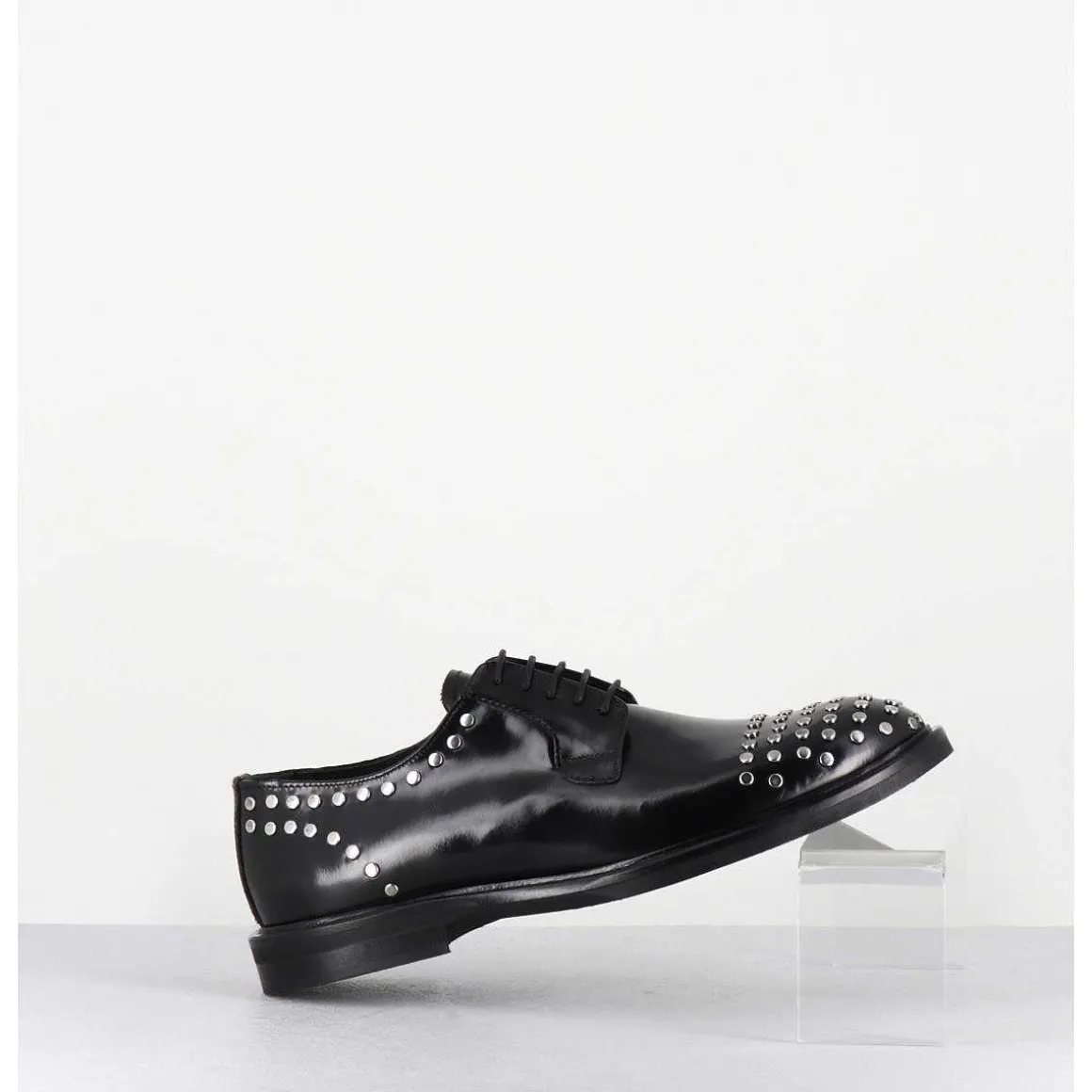 Derbies A Lacets En Cuir Glace Noir Rivets Argent - Nive Abra Nero