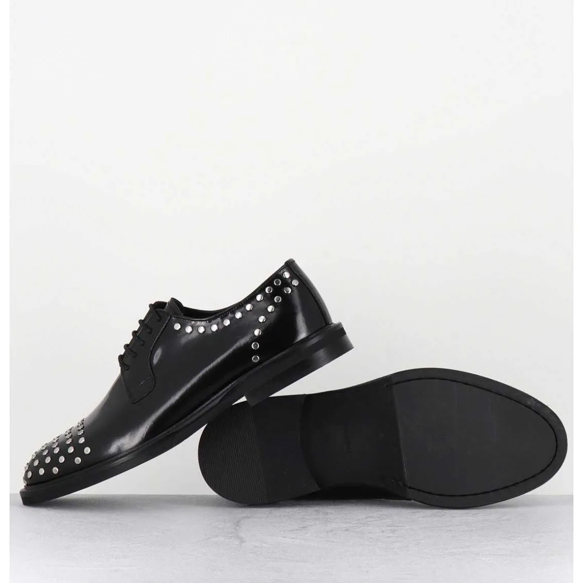 Derbies A Lacets En Cuir Glace Noir Rivets Argent - Nive Abra Nero