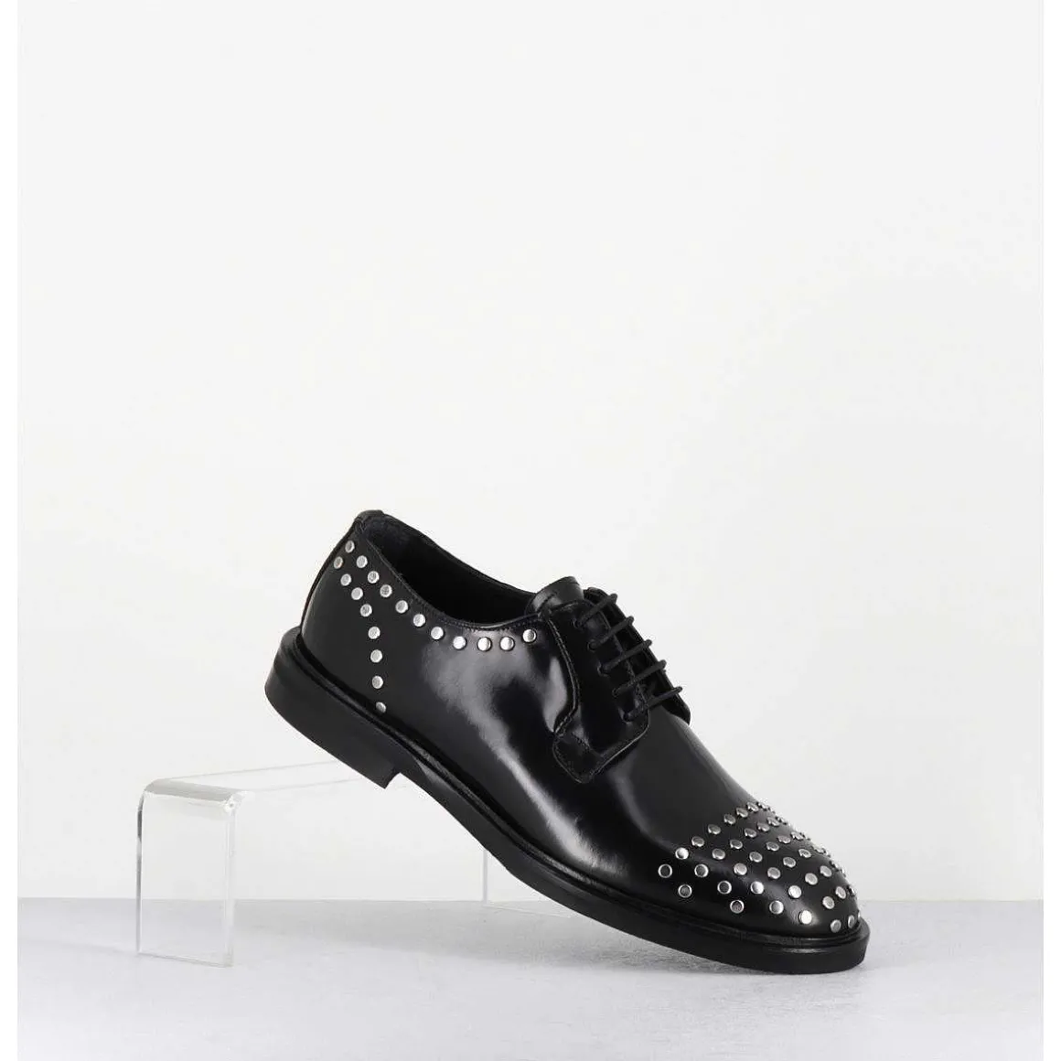 Derbies A Lacets En Cuir Glace Noir Rivets Argent - Nive Abra Nero