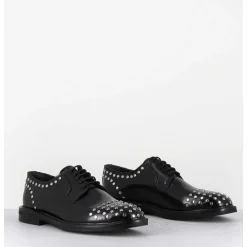 Derbies A Lacets En Cuir Glace Noir Rivets Argent - Nive Abra Nero