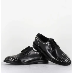 Derbies A Lacets En Cuir Glace Noir Rivets Argent - Nive Abra Nero