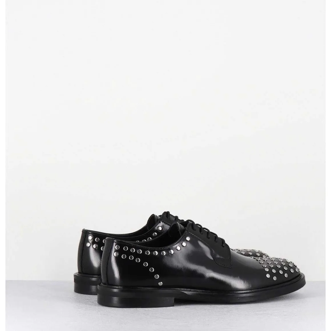 Derbies A Lacets En Cuir Glace Noir Rivets Argent - Nive Abra Nero