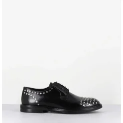 Derbies A Lacets En Cuir Glace Noir Rivets Argent - Nive Abra Nero