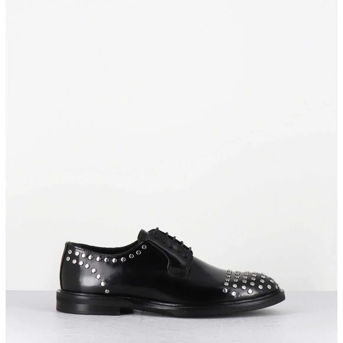 Derbies A Lacets En Cuir Glace Noir Rivets Argent - Nive Abra Nero