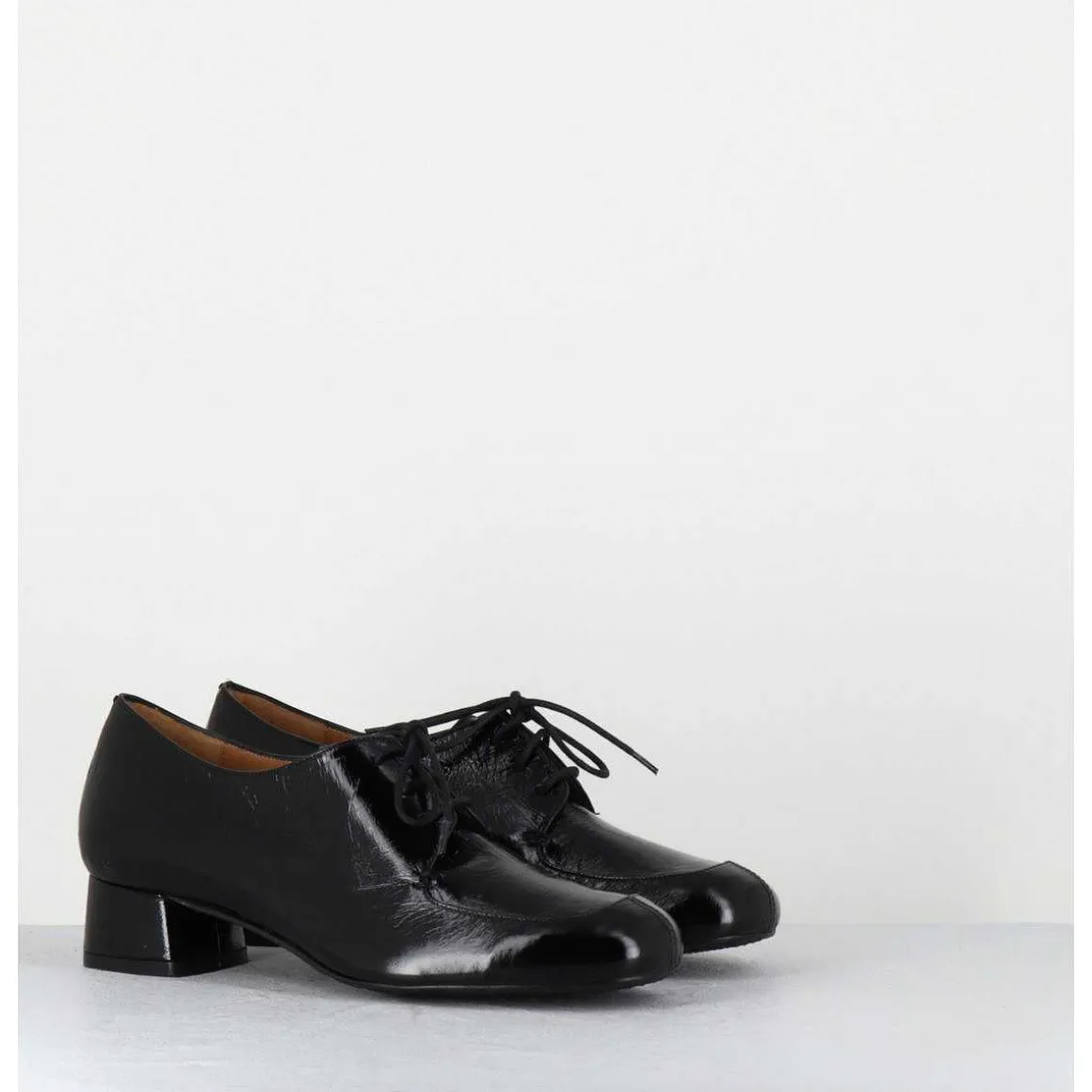 Derbies En Cuir Noir Petit Talon - Monica Black Malory