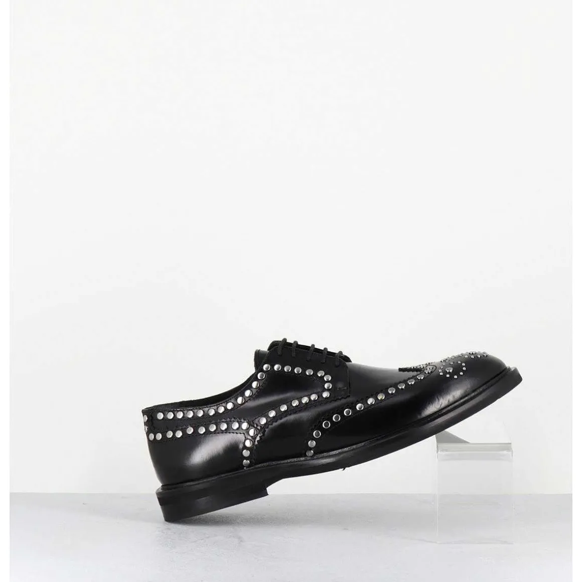 Derbies Plats En Cuir Glace Noir Bout Fleuri & Rivets - Salvo Abra Nero