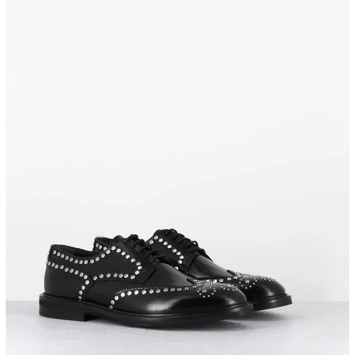 Derbies Plats En Cuir Glace Noir Bout Fleuri & Rivets - Salvo Abra Nero