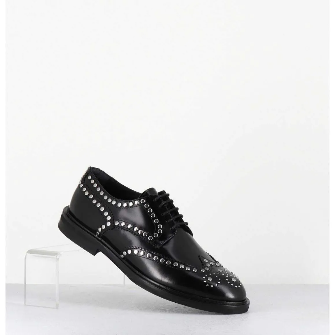 Derbies Plats En Cuir Glace Noir Bout Fleuri & Rivets - Salvo Abra Nero