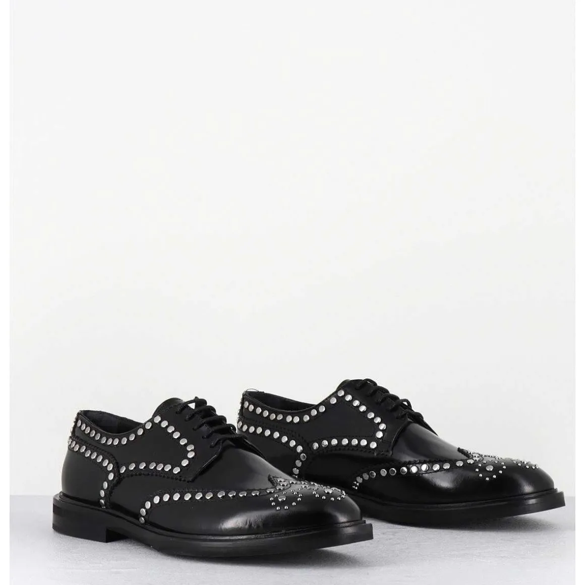 Derbies Plats En Cuir Glace Noir Bout Fleuri & Rivets - Salvo Abra Nero