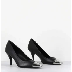 Escarpins En Cuir Noir Talon Fin Bout Argent - Kecha1 Nappa Nera