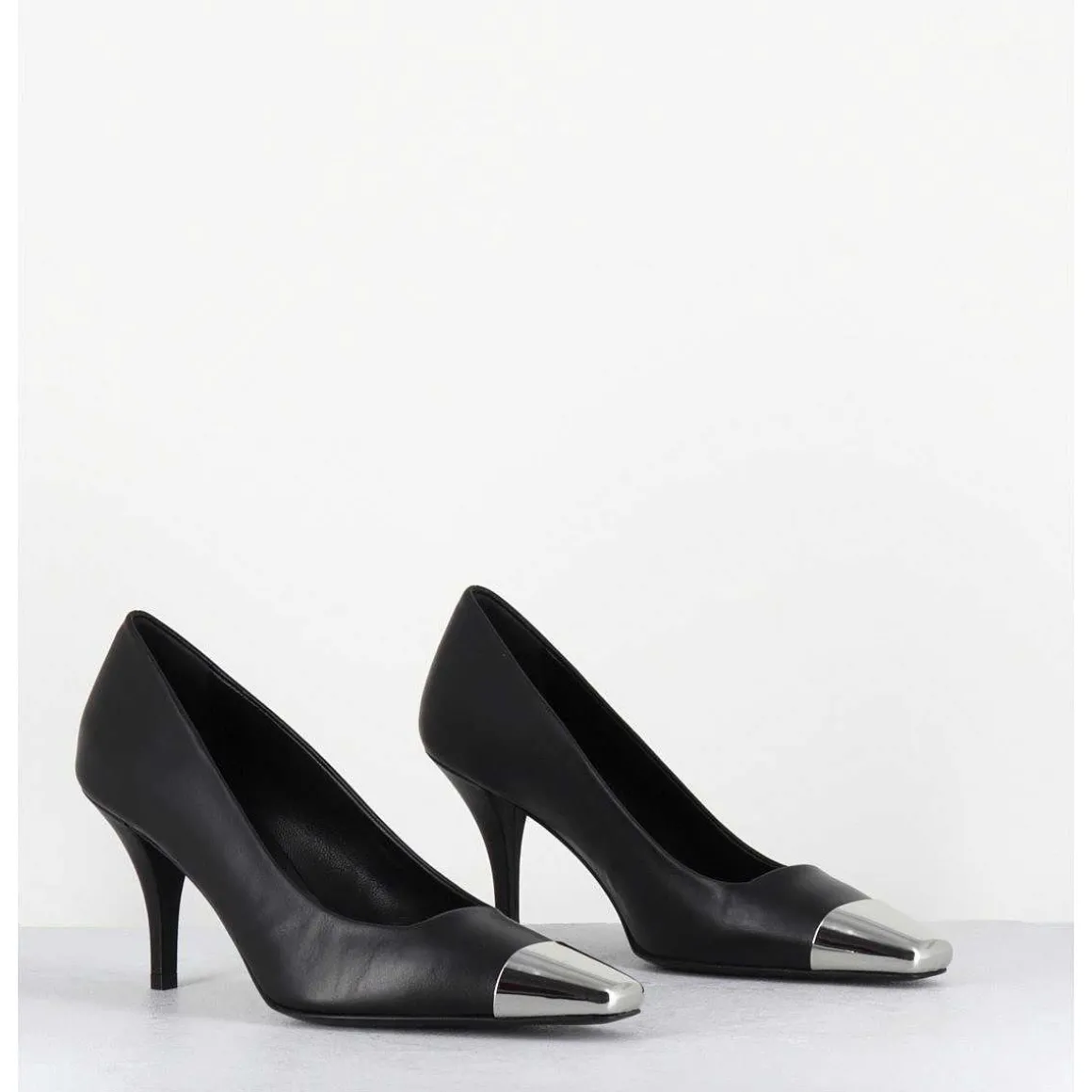 Escarpins En Cuir Noir Talon Fin Bout Argent - Kecha1 Nappa Nera