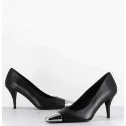Escarpins En Cuir Noir Talon Fin Bout Argent - Kecha1 Nappa Nera