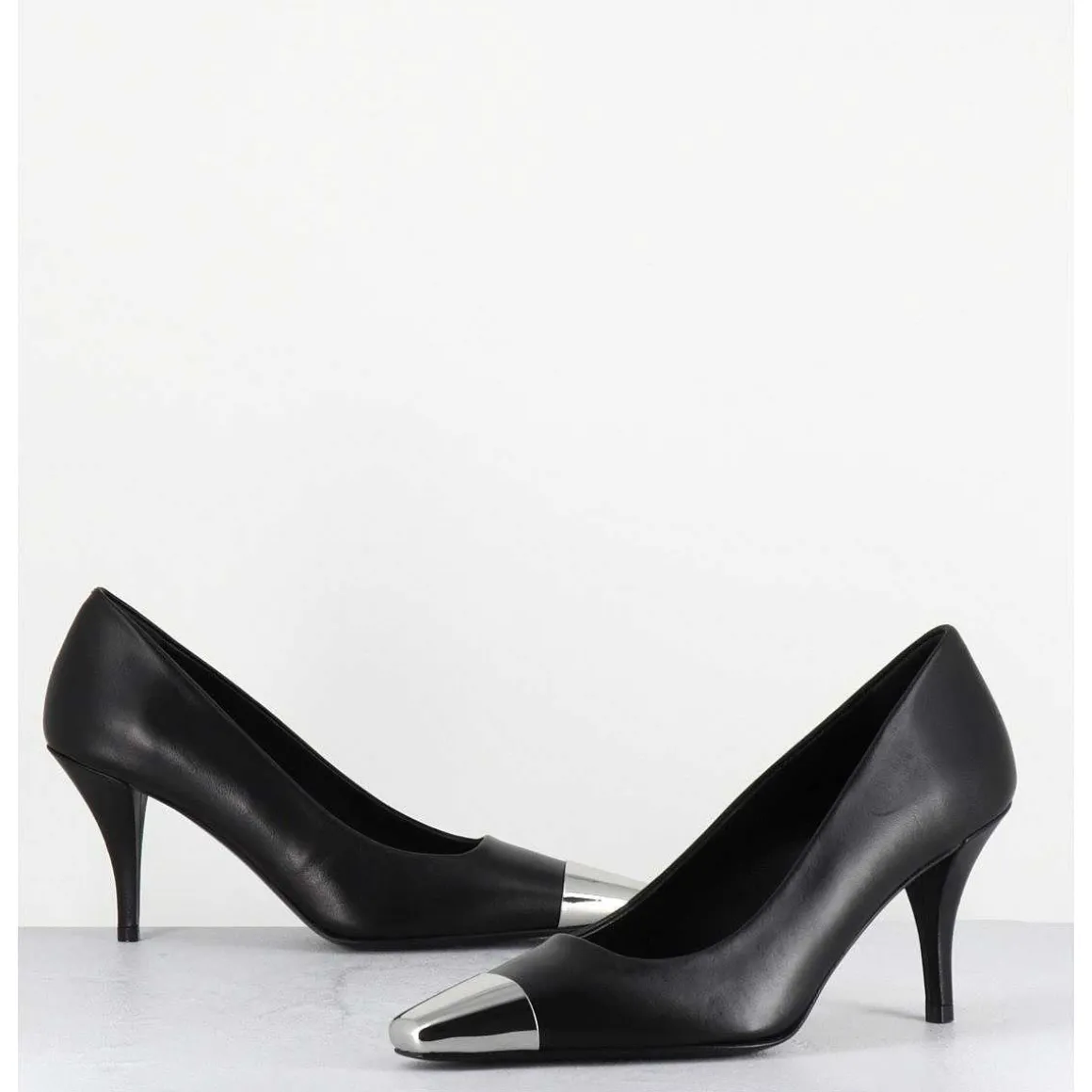 Escarpins En Cuir Noir Talon Fin Bout Argent - Kecha1 Nappa Nera
