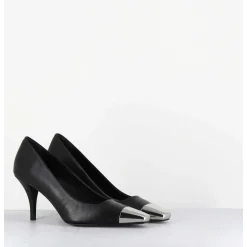 Escarpins En Cuir Noir Talon Fin Bout Argent - Kecha1 Nappa Nera
