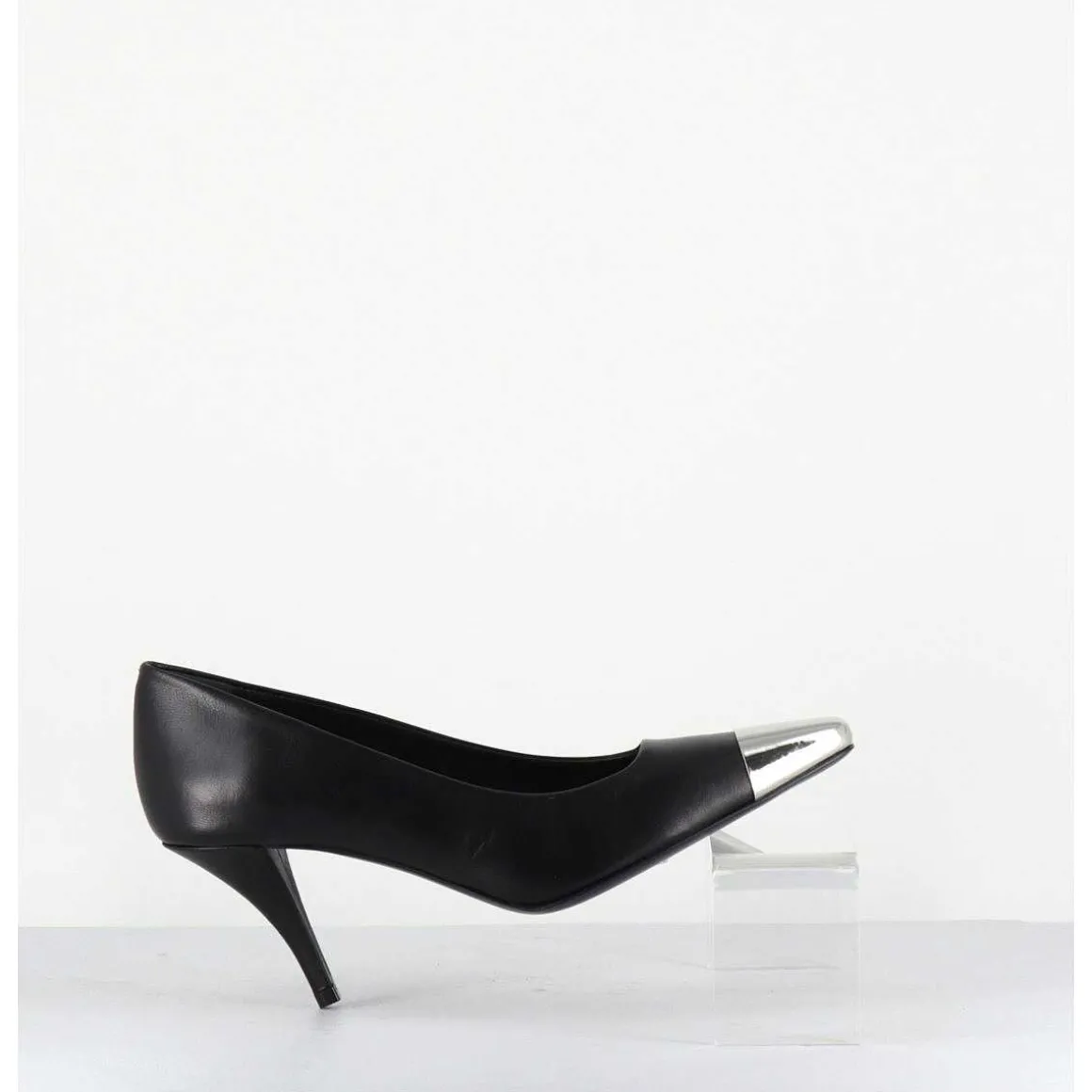 Escarpins En Cuir Noir Talon Fin Bout Argent - Kecha1 Nappa Nera
