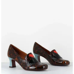 Escarpins Petit Talon Cuir Imprime Leopard Coeur Rouge - Mymara Fiat Castano
