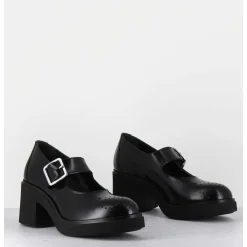 Mary-Jane A Talon En Cuir Glace Noir Bout Fleuri - Al111 Abrasivato Nero