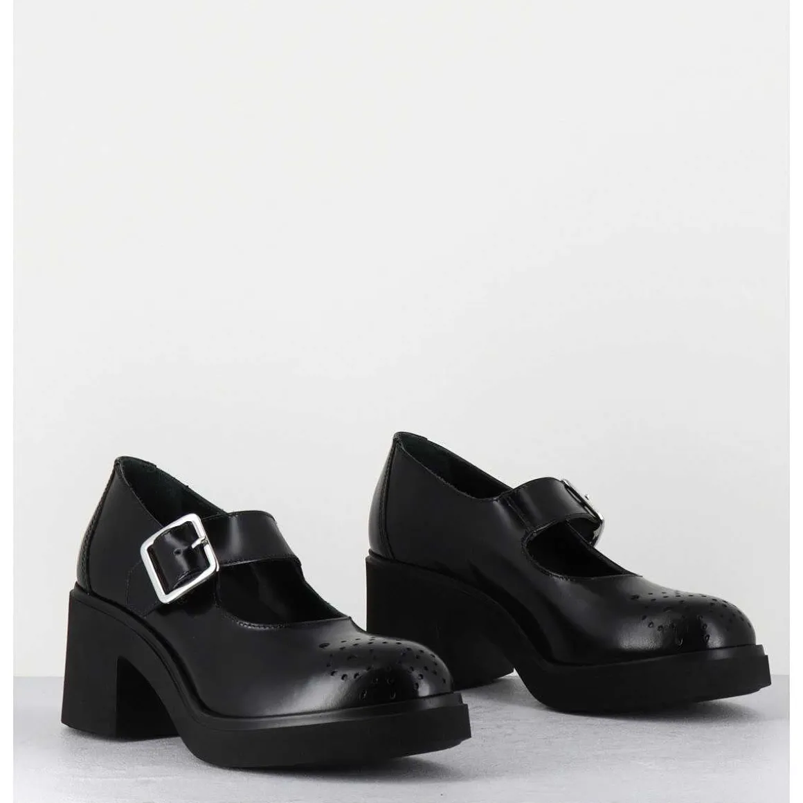 Mary-Jane A Talon En Cuir Glace Noir Bout Fleuri - Al111 Abrasivato Nero