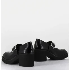 Mary-Jane A Talon En Cuir Glace Noir Bout Fleuri - Al111 Abrasivato Nero