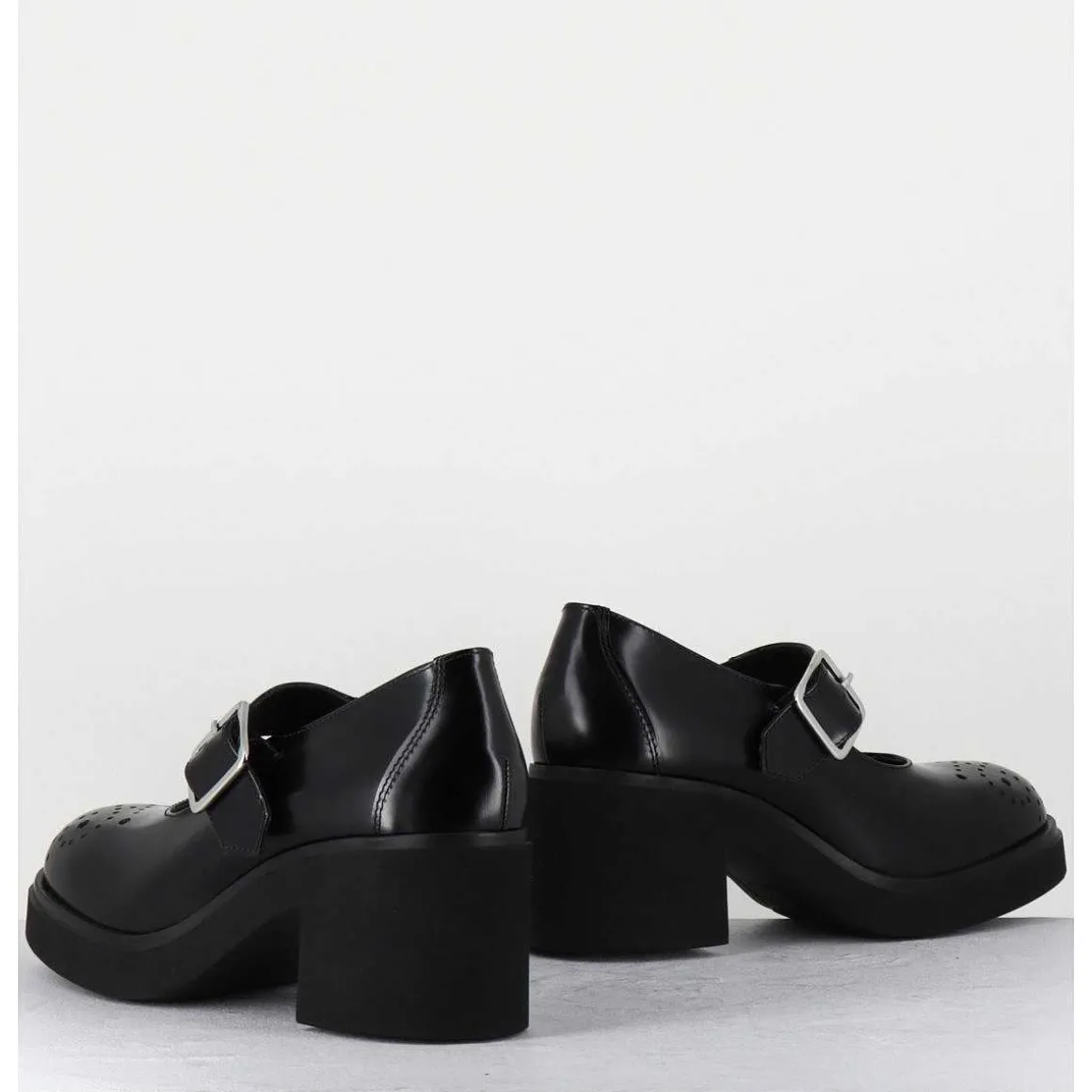 Mary-Jane A Talon En Cuir Glace Noir Bout Fleuri - Al111 Abrasivato Nero