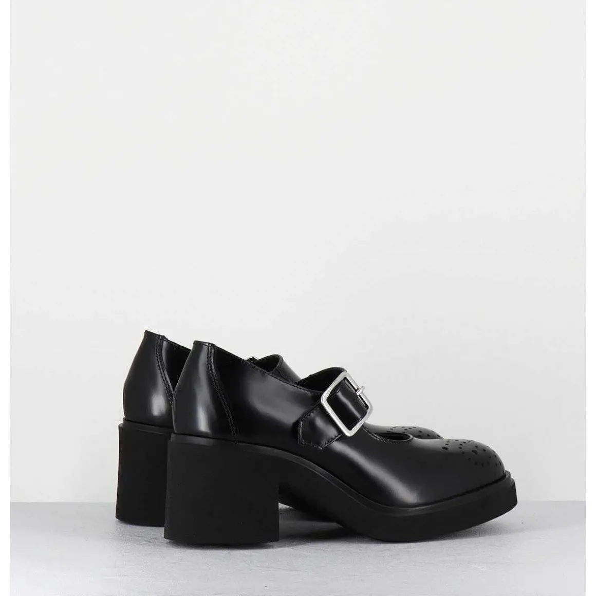 Mary-Jane A Talon En Cuir Glace Noir Bout Fleuri - Al111 Abrasivato Nero