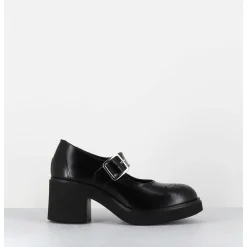 Mary-Jane A Talon En Cuir Glace Noir Bout Fleuri - Al111 Abrasivato Nero